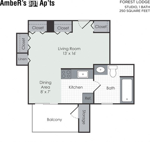 Floor plan for studio, 1 bath, 300 sqft